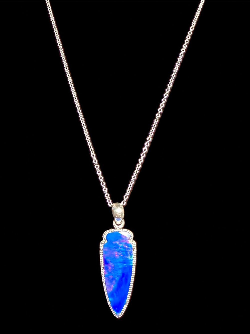 Sterling Silver Blue Opal-Style Arrowhead Pendant Necklace – 16” – New
